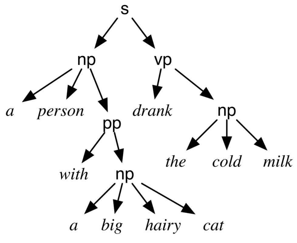 Parse tree for a person with a big hairy cat drank the cold milk. Who drank the milk?